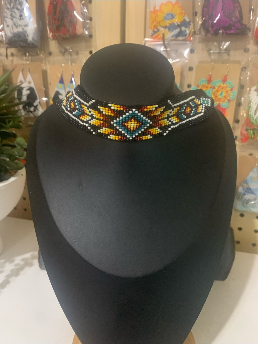 Beaded Geometric Choker Necklace in Black, Yellow & Turquoise